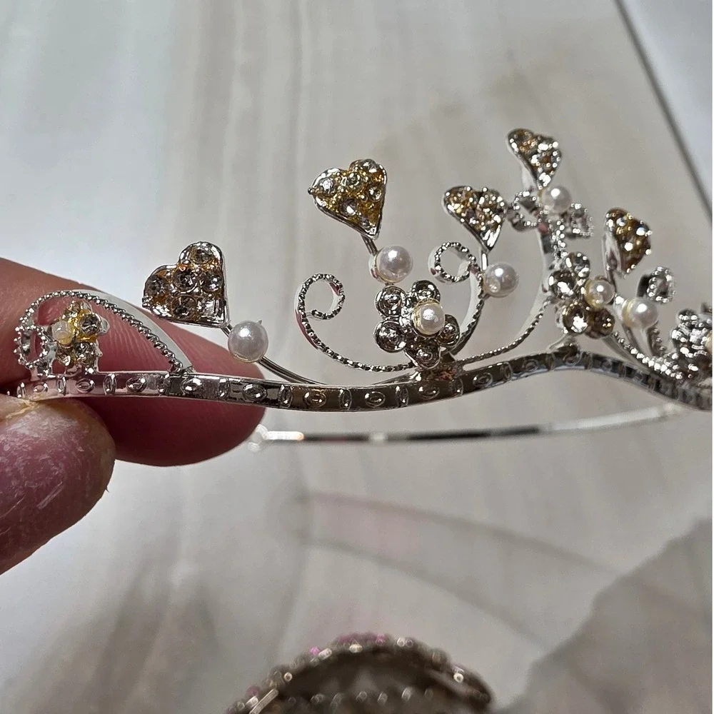 Princess Tiaras Pink Rhinestone Hair Comb and Heart Pearl Headband set of 2 H3